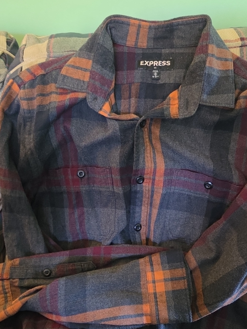 Express Men's Plaid Flannel Button-Up Shirt - Navy with Rust & Burgundy